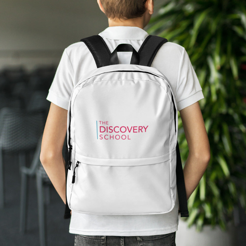 The Discovery School Backpack - Blue/Red Print on White – BE ALL IN. Apparel