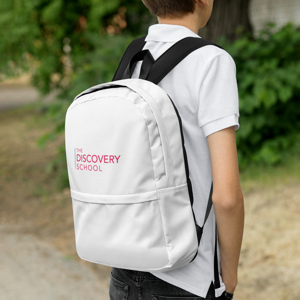 The Discovery School Backpack - Blue/Red Print on White – BE ALL IN. Apparel