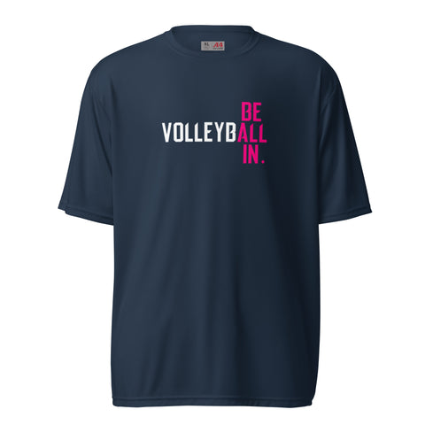EC BE ALL IN. Volleyball Pink/White on Navy Unisex performance crew neck t-shirt