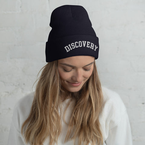 DISCOVERY "Collegiate" Adult Cuffed Beanie - White Embroidery on Navy or Athletic Grey