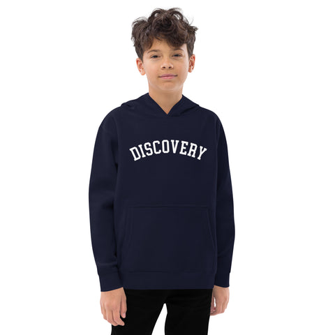 DISCOVERY "Collegiate" Youth fleece hoodie - White Print on Navy or Athletic Heather