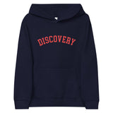 DISCOVERY "Collegiate" Youth fleece hoodie - Red Print on Navy Blazer, Athletic Heather, or White