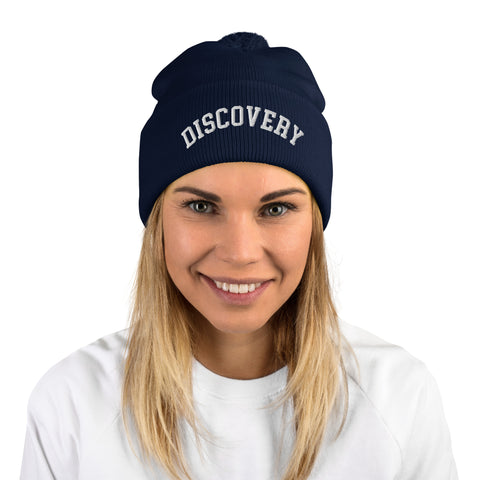 DISCOVERY "Collegiate" Adult Pom-Pom Beanie - White Embroidery on Navy  or Heather Grey