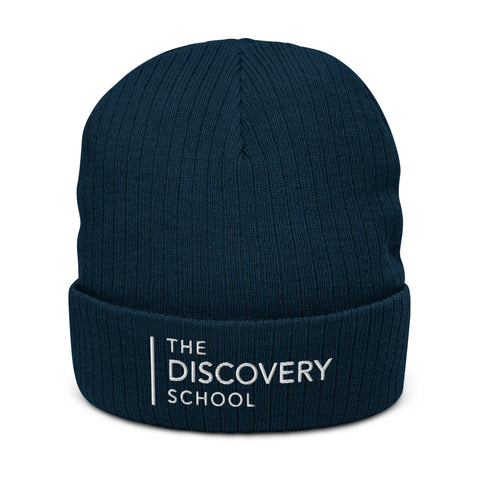 The Discovery School Adult Ribbed knit beanie - White Embroidery on Navy or Light Grey Melange