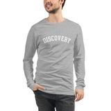 DISCOVERY "Collegiate" Adult Unisex Long Sleeve Tee - White Print on Navy or Athletic Heather