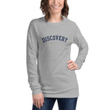 DISCOVERY "Collegiate" Adult Unisex Long Sleeve Tee - Navy Print on Athletic Heather or White