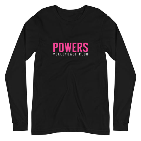 The Original POWERS VOLLEYBALL CLUB Unisex Long Sleeve Tee. Pink and white on black.