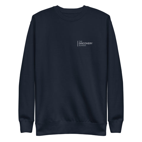 The Discovery School Adult Unisex Premium Sweatshirt - White Print on Navy Blazer