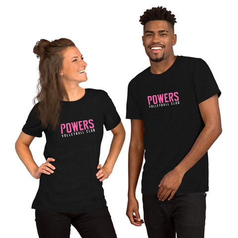The Original POWERS VOLLEYBALL CLUB Unisex t-shirt. Pink and white on black.