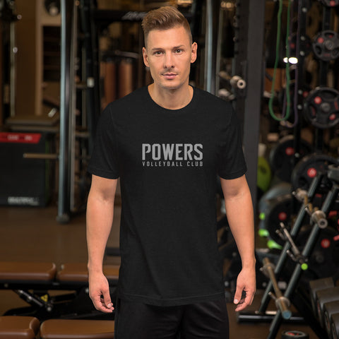 POWERS VOLLEYBALL CLUB unisex t-shirt. Gray on black