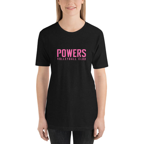 POWERS VOLLEYBALL CLUB unisex t-shirt. Pink on black.