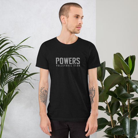 POWERS VOLLEYBALL CLUB unisex t-shirt. Gray on black.