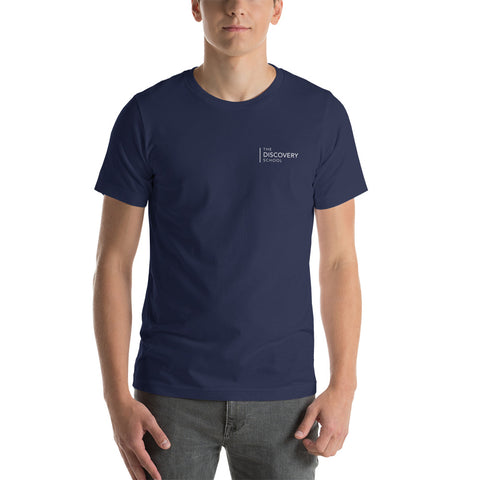 The Discovery School Adult Unisex t-shirt - White Print on Navy or Athletic Heather