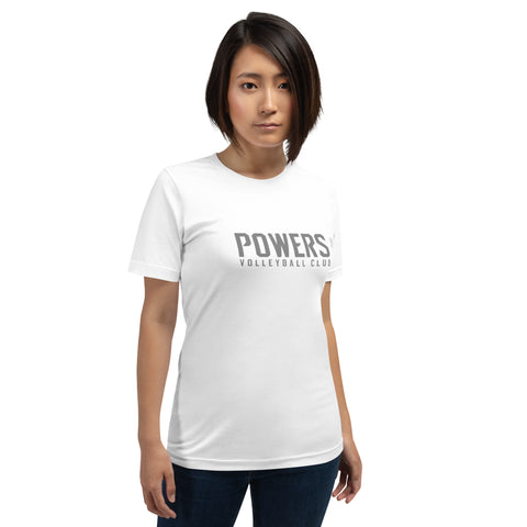 POWERS VOLLEYBALL CLUB unisex t-shirt. Gray on white.