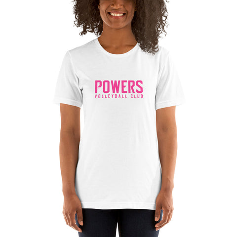 POWERS VOLLEYBALL CLUB unisex t-shirt. Pink on white.