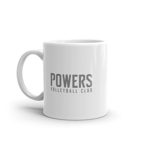 Gray POWERS VOLLEYBALL CLUB White glossy mug.