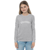 DISCOVERY "Collegiate" Youth long sleeve tee - White Print on Navy or Athletic Heather