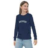 DISCOVERY "Collegiate" Youth long sleeve tee - White Print on Navy or Athletic Heather